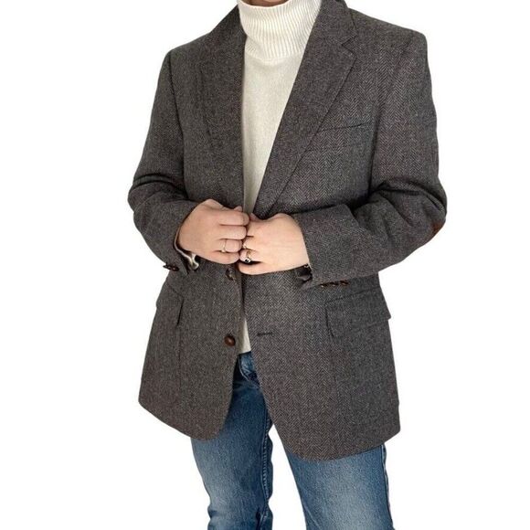 Vintage Mens PBM Gray Brown 100% Wool Chevron Suede Elbow Patch Sport Coat - Picture 8 of 9